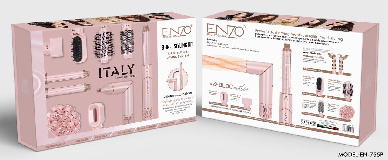 سشوار دایسون انزو 8کاره رنگ صورتی موتور BLDC مدل ENZO EN-755 اصلی همراه با سری دیفیوزر